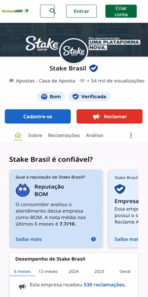 Imagem da p&aacute;gina oficial da Stake no Reclame Aqui comprovando que a Stake &eacute; confi&aacute;vel