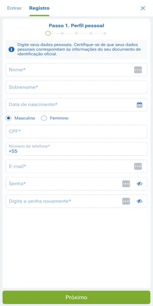 Imagem do processo de registro no app da 1xBet