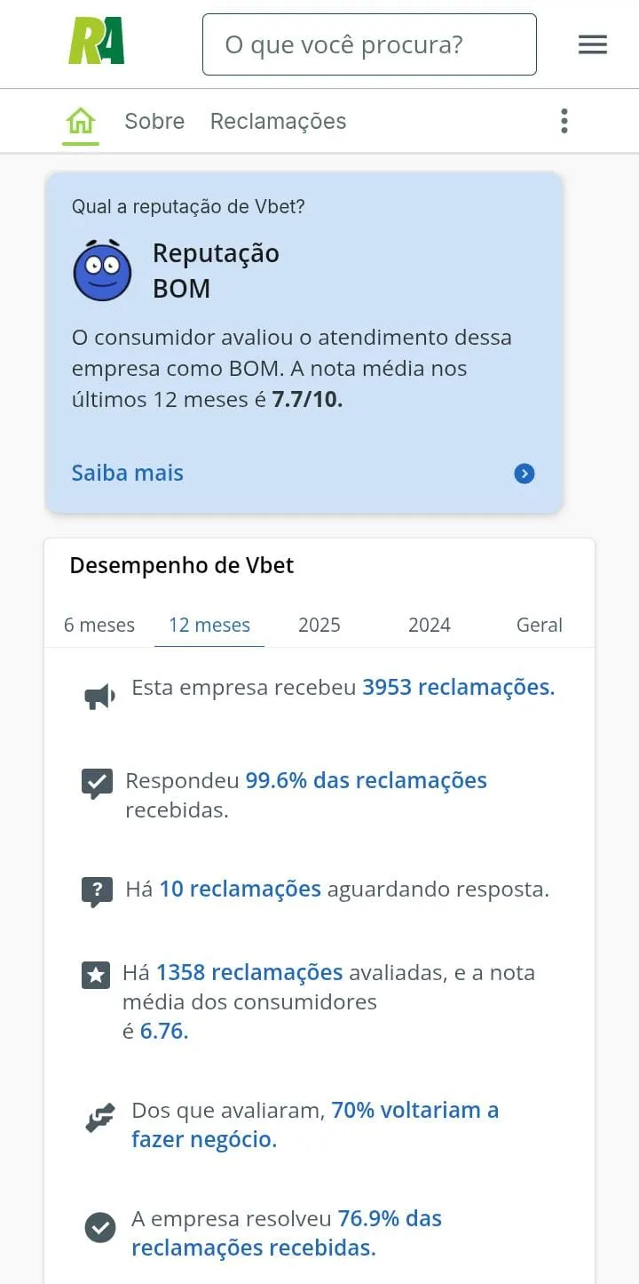 Avalia&ccedil;&atilde;o da Vbet no Reclame Aqui