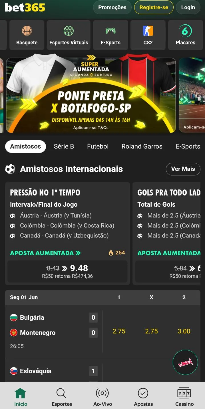 P&aacute;gina de apostas da Bet365, com o jogo Ponte Preta x Botafogo em destaque