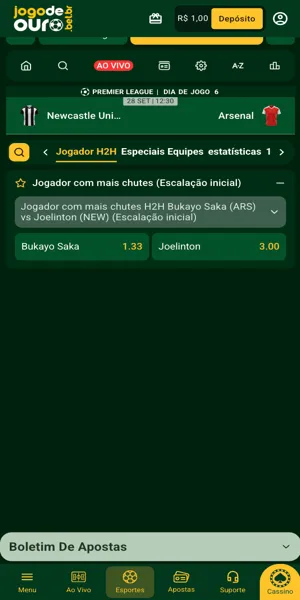 Imagem com a op&ccedil;&atilde;o de mercado "Jogador H2H" e as possibilidades de apostas
