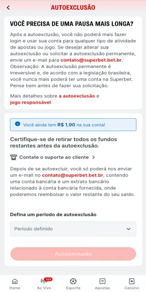 Imagem da p&aacute;gina de autoexclus&atilde;o da Superbet