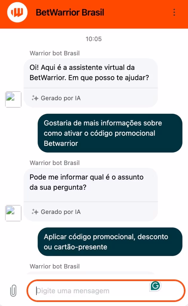Imagem do atendimento ao cliente na Betwarrior via chat ao vivo