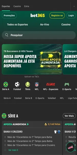 Imagem da tela inicial da Bet365, uma das casas de apostas que n&atilde;o limitam