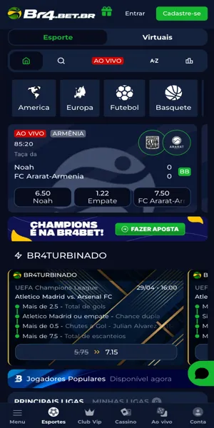 Interface da se&ccedil;&atilde;o de apostas da BR4Bet, uma das plataformas de 20 reais
