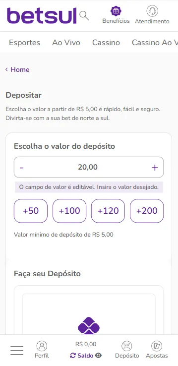 P&aacute;gina de dep&oacute;sito na Betsul via Pix