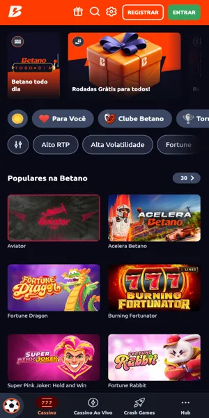 Imagem da página inicial do cassino online da Betano