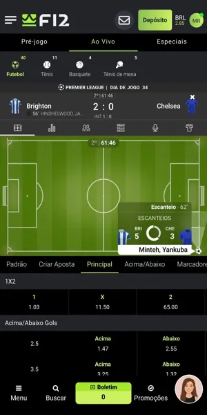 Imagem durante uma partida entre Brighton x Chelsea pela Premier League e como a F12 Bet oferece recursos para apostar ao vivo.