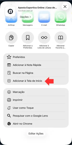 Atalho para versão mobile da Novibet no iOS