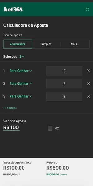 Imagem da calculadora de apostas da Bet365 para você realizar palpites mais precisos.