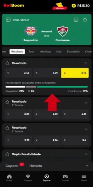 Imagem com porcentagem de apostas feitas para cada um dos times na partida Bragantino x Fluminense, v&aacute;lida pelo Brasileir&atilde;o