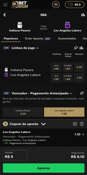 P&aacute;gina do jogo Indiana Pacers x Los Angeles Lakers pela NBA na BetMGM