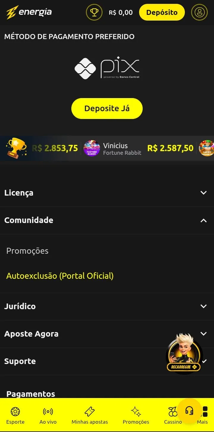 Bot&atilde;o de autoexclus&atilde;o da Energia Bet