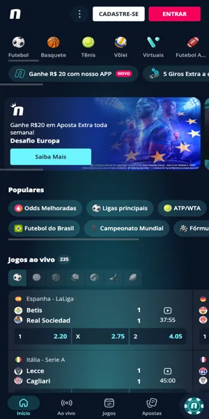 Imagem com a página inicial da seção de apostas esportivas da Novibet