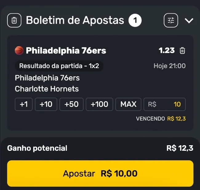 tela mostrando o bilhete de apostas organizado e pronto para ser validado pelo jogador.