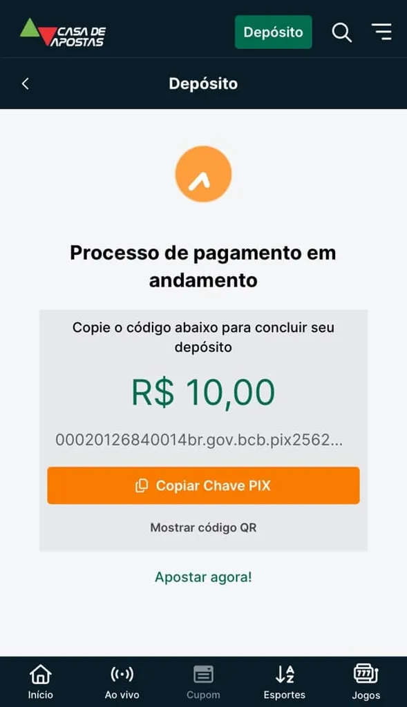 tela demonstrando o processo de dep&oacute;sito via Pix na Casadeapostas