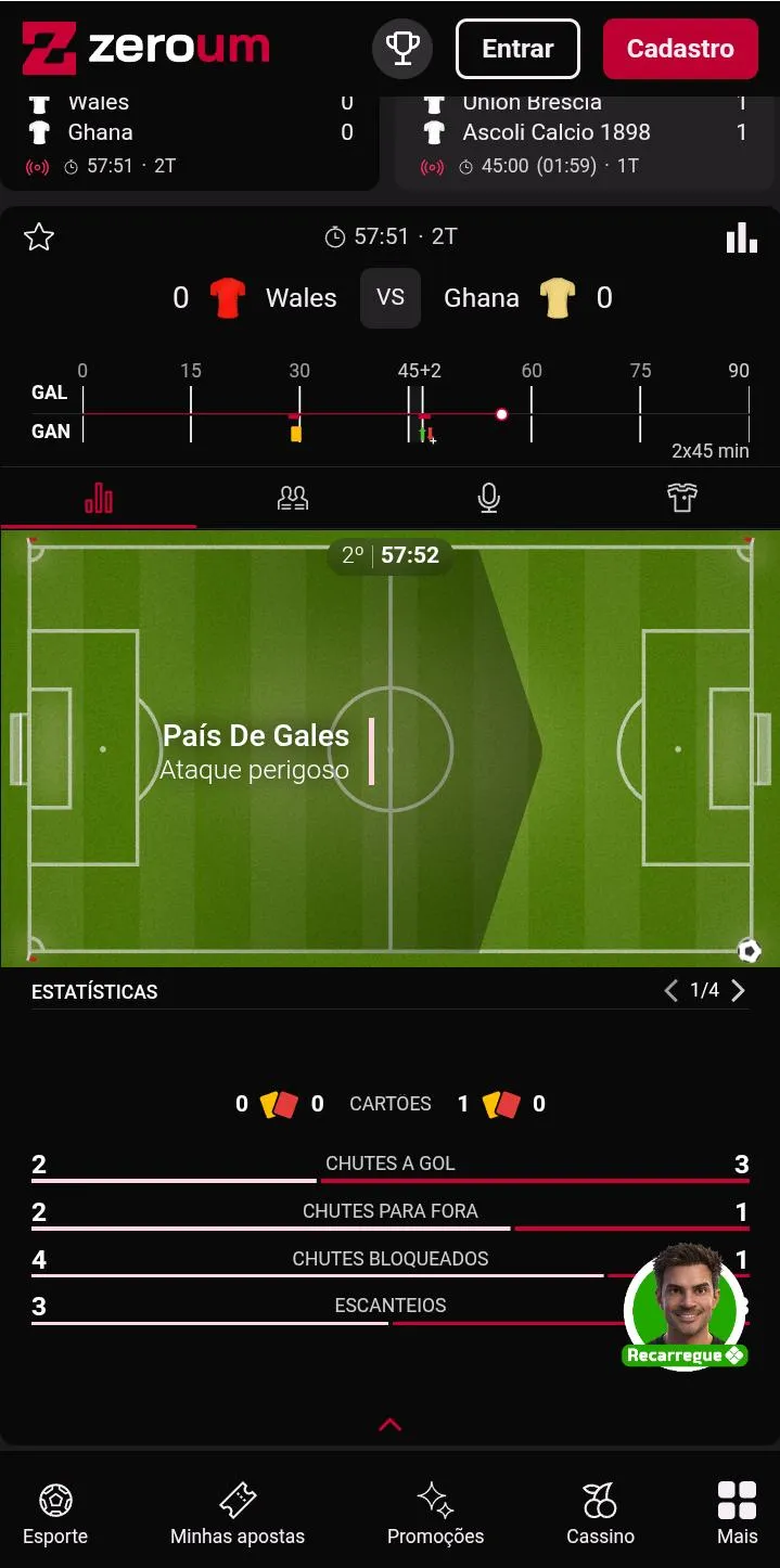 Estat&iacute;sticas de um jogo de futebol ao vivo da ZeroUm
