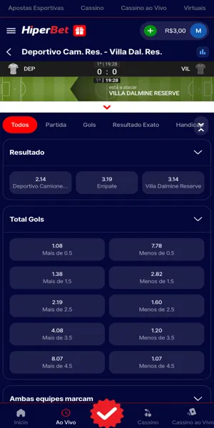 Tela com jogo ao vivo na Hiperbet e gr&aacute;fico atualizando os lances da partida