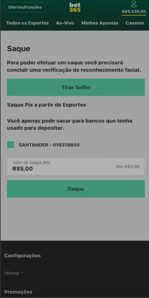 P&aacute;gina de solicita&ccedil;&atilde;o de saque da Bet365