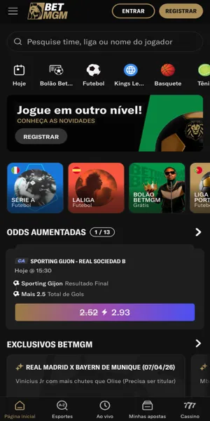 Imagem da p&aacute;gina oficial da BetMGM no Brasil com op&ccedil;&otilde;es de apostas e promo&ccedil;&otilde;es