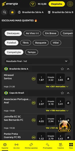 Imagem da se&ccedil;&atilde;o de apostas da Energia Bet