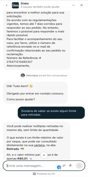 Imagem de um atendimento real na Stake com o uso de chatbot e em seguida o suporte humanizado