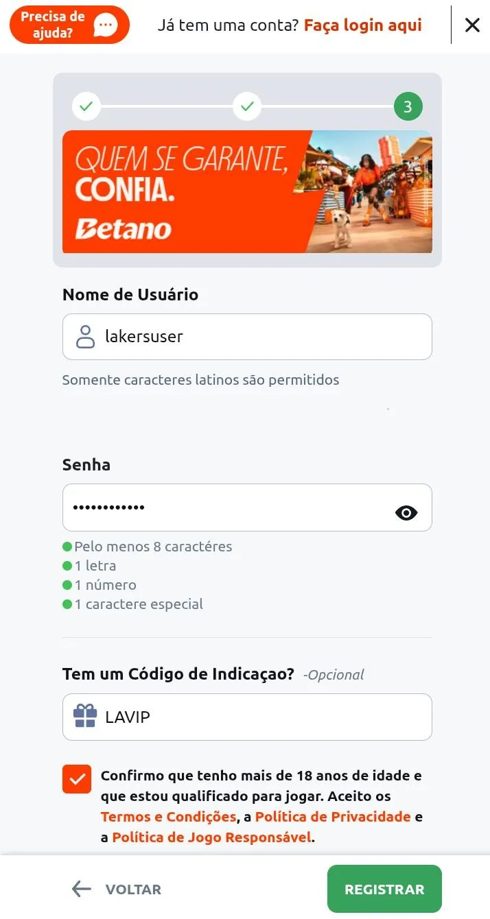 Processo de registro com o c&oacute;digo de indica&ccedil;&atilde;o Betano