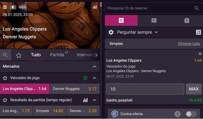 tela com exemplo de como fazer uma aposta na NBA.