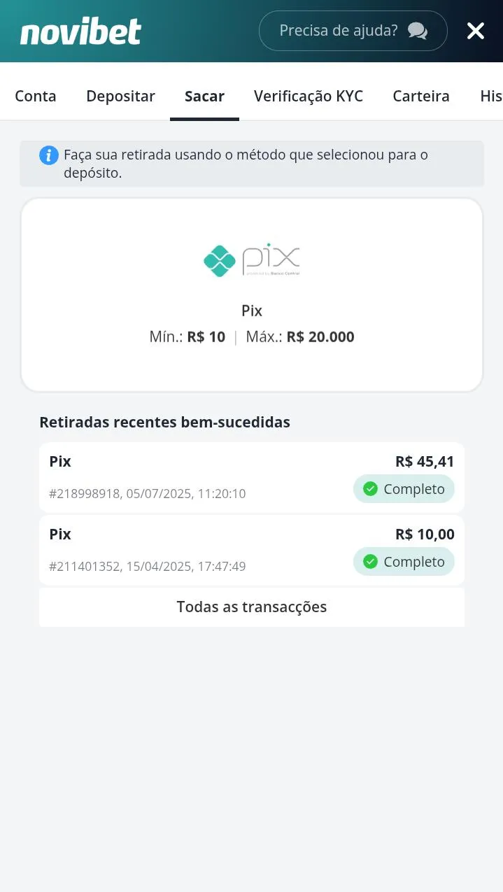 Formul&aacute;rio de saque da Novibet