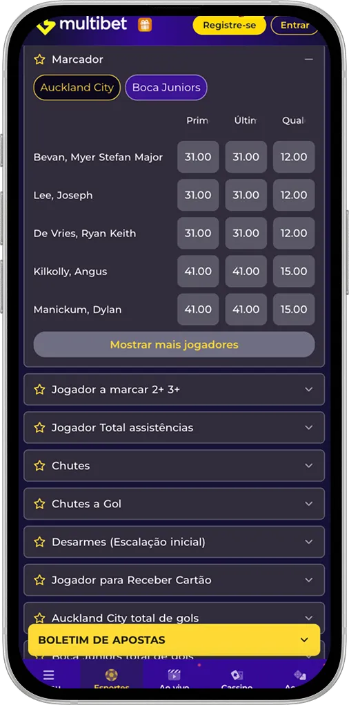 Tela com mercados de jogadores para criar aposta na Multibet.
