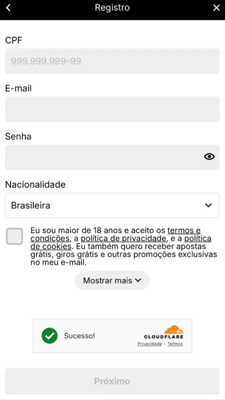 formulário de cadastro na KTO