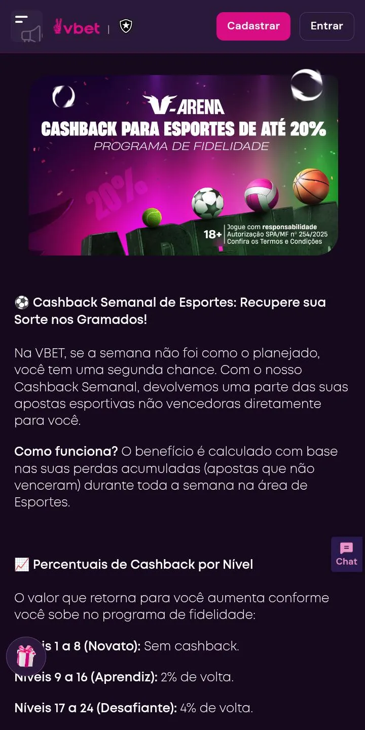 Cashback para esportes de at&eacute; 20% na Vbet
