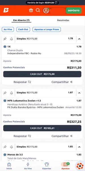 Imagem com a aba "Minhas Apostas" em aberto e com apostas válidas para cash out
