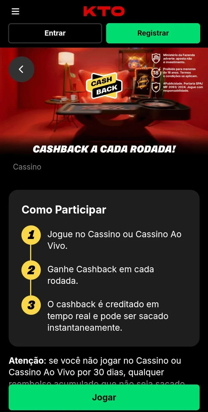Oferta de Cashback a Cada Rodada na KTO