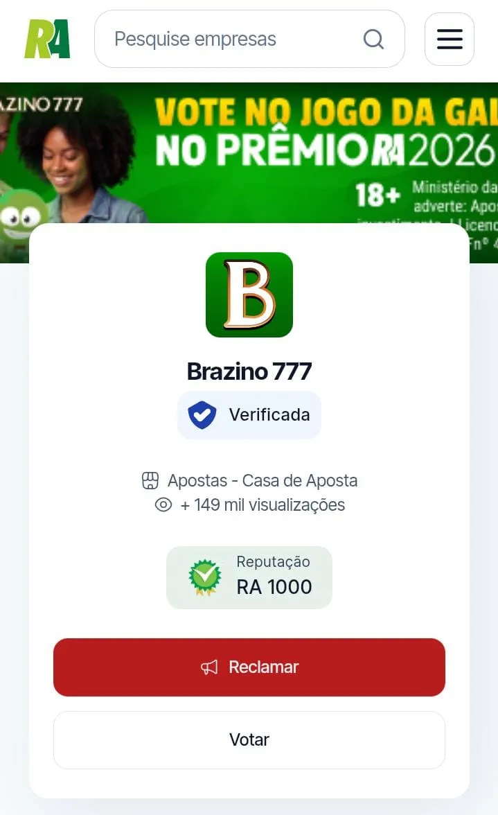 P&aacute;gina da Brazino777 no Reclame Aqui, com reputa&ccedil;&atilde;o RA1000 