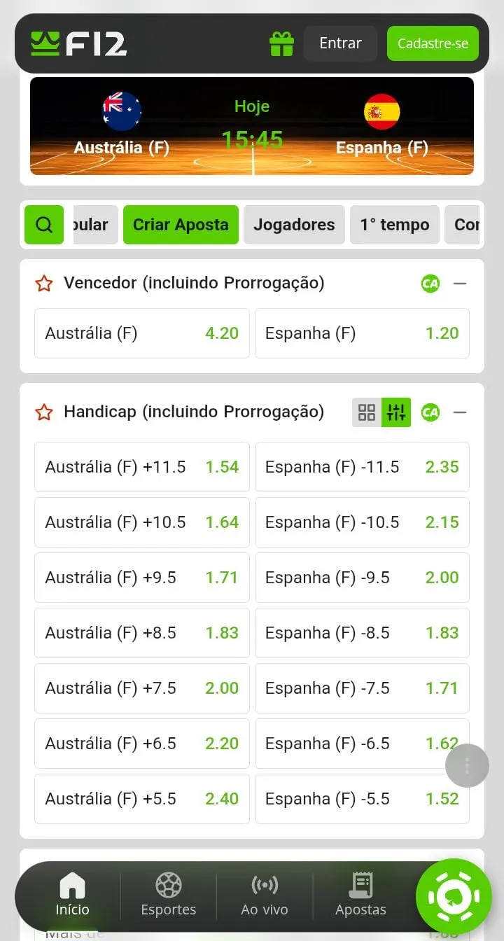 Apostas em handicap na F12 Bet