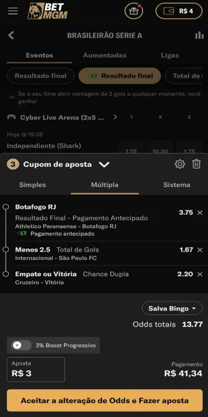 Imagem de um bilhete de aposta m&uacute;ltipla contendo a possibilidade de pagamento antecipado na BetMGM
