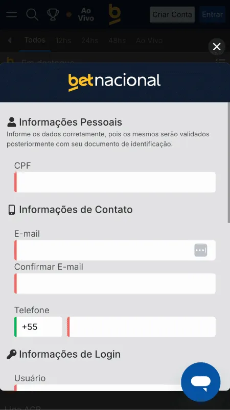 Tela com processo de registro de nova conta no Betnacional app