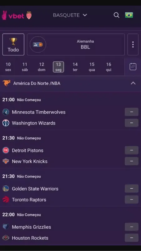 Tela com opções de apostas esportivas na NBA na VBet