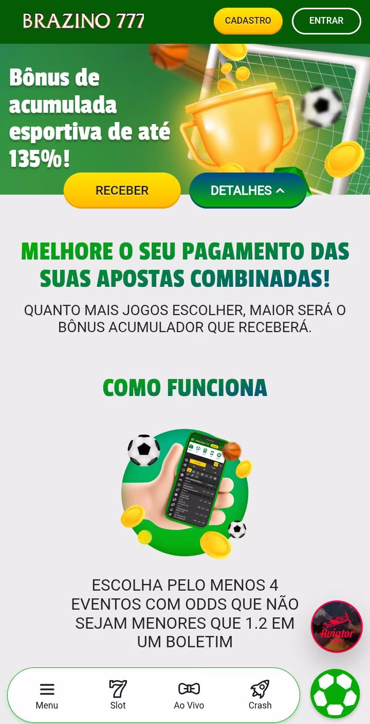 B&ocirc;nus de apostas m&uacute;ltiplas da Brazino777