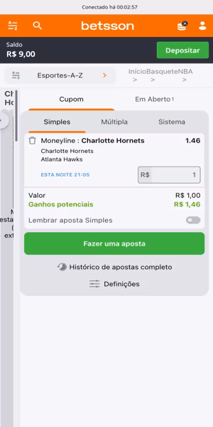 Imagem de um bilhete de aposta em basquete na Betsson