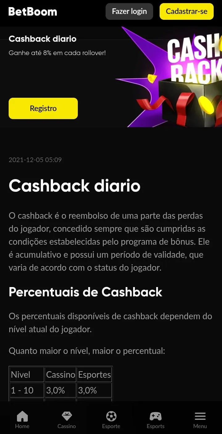 Cashback di&aacute;rio da Betboom