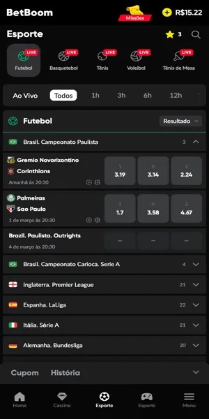Imagem da p&aacute;gina inicial de apostas esportivas na plataforma nova Betboom