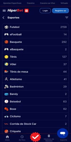 Imagem da página de apostas esportivas da Hiperbet