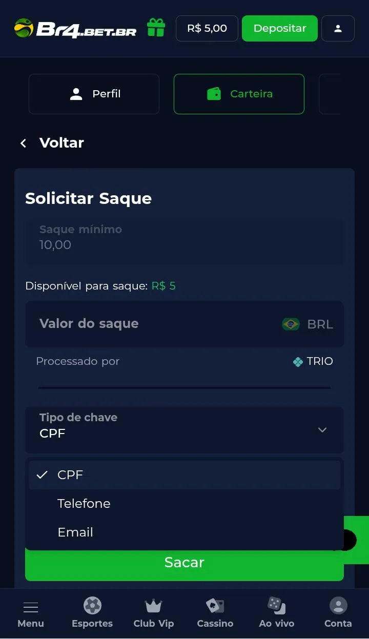 Formul&aacute;rio de saque da Br4bet