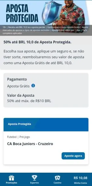 Oferta Aposta protegida de 50% at&eacute; R$10 na Sportingbet