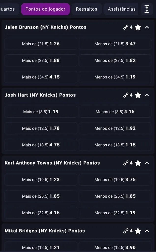 Op&ccedil;&otilde;es de mercados de apostas para pontos do jogador, rebotes e assist&ecirc;ncias na H2Bet