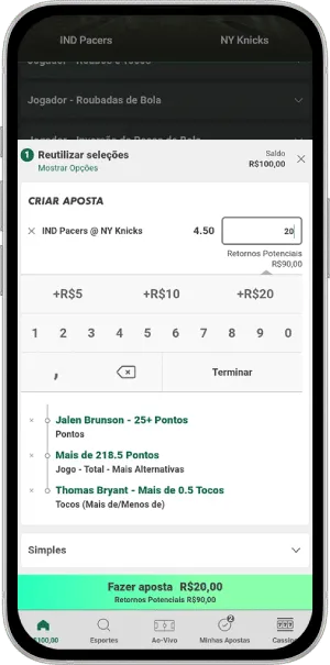 Tela do recurso Criar Aposta da Bet365
