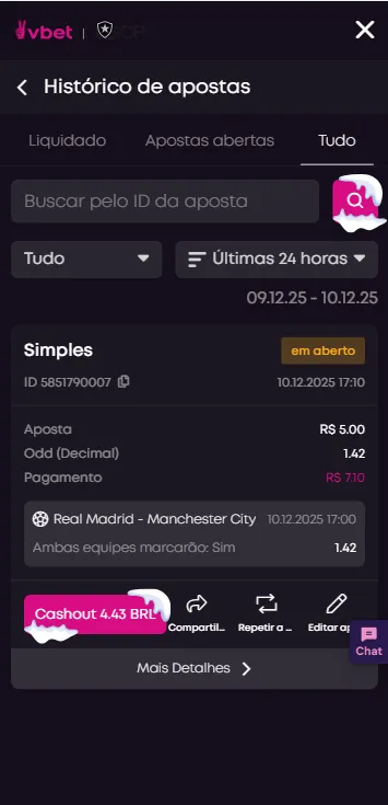  Cashout dispon&iacute;vel para aposta em Ambos Marcam na partida Real Madrid x Manchester City
