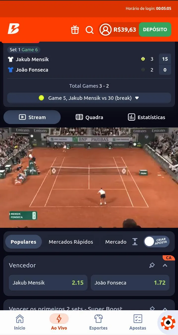 Transmiss&atilde;o ao vivo de um jogo de t&ecirc;nis na Betano